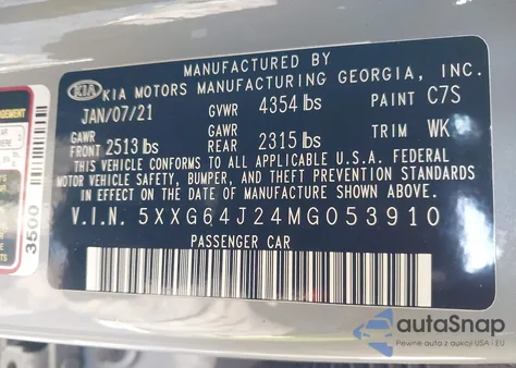 2021 Kia K5 Gt Line from USA, damaged, VIN 5XXG64J24MG053910